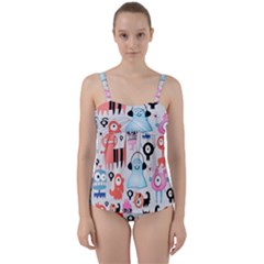 Funky Monsters Pattern Twist Front Tankini Set by Bigfootshirtshop