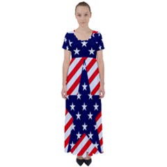 Patriotic Usa Stars Stripes Red High Waist Short Sleeve Maxi Dress by Celenk