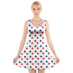 Patriotic Red White Blue Stars Usa V-neck Sleeveless Skater Dress by Celenk