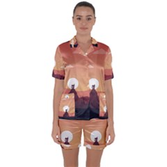Design Art Hill Hut Landscape Satin Short Sleeve Pyjamas Set by Celenk