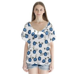 Blue Roses V-neck Flutter Sleeve Top by jumpercat