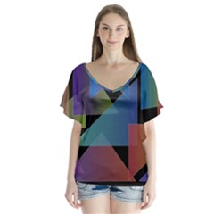 Triangle Gradient Abstract Geometry V-neck Flutter Sleeve Top by BangZart