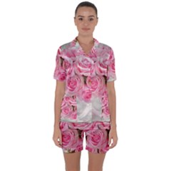 Pink Roses Satin Short Sleeve Pyjamas Set by NouveauDesign