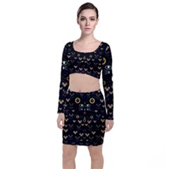 Merry Black Cat In The Night And A Mouse Involved Pop Art Long Sleeve Crop Top & Bodycon Skirt Set by pepitasart