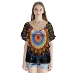 Colorful Prismatic Chromatic V-neck Flutter Sleeve Top by Celenk