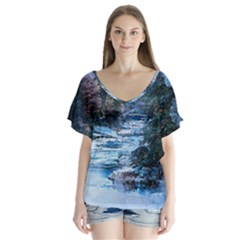 River Water Art Abstract Stones V-neck Flutter Sleeve Top by Celenk
