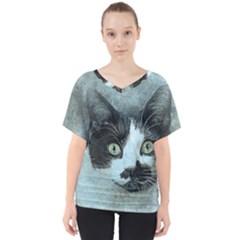 Cat Pet Art Abstract Vintage V-neck Dolman Drape Top