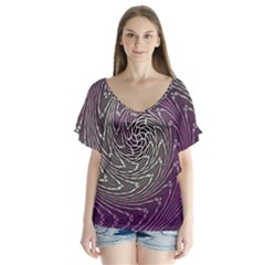 Graphic Abstract Lines Wave Art V-neck Flutter Sleeve Top by Celenk