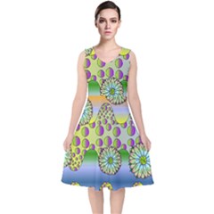 Amoeba Flowers V-neck Midi Sleeveless Dress  by CosmicEsoteric