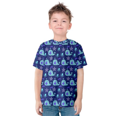 Blue Sea Whales Kids  Cotton Tee by snowwhitegirl