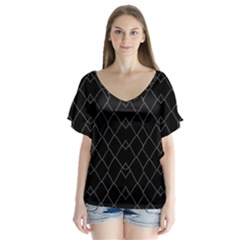 Black And White Grid Pattern V-neck Flutter Sleeve Top by dflcprints