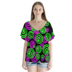 Neon Green And Pink Circles V-neck Flutter Sleeve Top by PodArtist