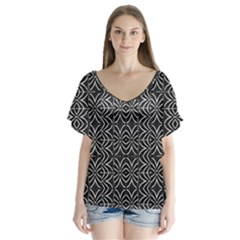 Black And White Tribal Print V-neck Flutter Sleeve Top by dflcprints