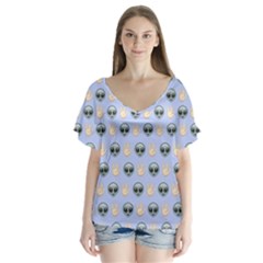 Alien Pattern V-neck Flutter Sleeve Top by Sapixe