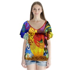 Chinese Zodiac Signs V-neck Flutter Sleeve Top by Sapixe