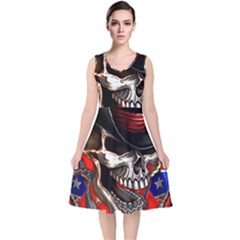 Confederate Flag Usa America United States Csa Civil War Rebel Dixie Military Poster Skull V-neck Midi Sleeveless Dress  by Sapixe