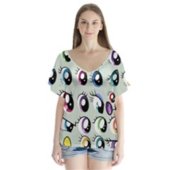 Eyes  Pattern V-neck Flutter Sleeve Top by Sapixe