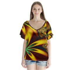 Floral Design Computer Digital Art Design Illustration V-neck Flutter Sleeve Top by Sapixe