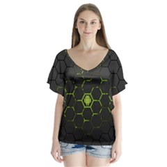 Green Android Honeycomb Gree V-neck Flutter Sleeve Top by Sapixe