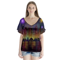 Happy Birthday Independence Day Celebration In New York City Night Fireworks Us V-neck Flutter Sleeve Top by Sapixe
