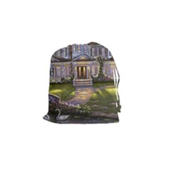 Landscape House River Bridge Swans Art Background Drawstring Pouches (small)  by Sapixe