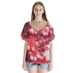 Maple Leaves Red Autumn Fall V-neck Flutter Sleeve Top by Sapixe