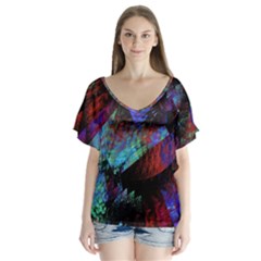 Native Blanket Abstract Digital Art V-neck Flutter Sleeve Top by Sapixe