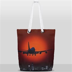 Red Sun Jet Flying Over The City Art Full Print Rope Handle Tote (small) by Sapixe