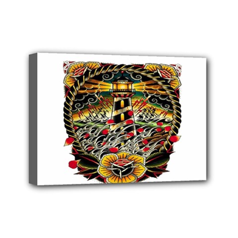 Tattoo Art Print Traditional Artwork Lighthouse Wave Mini Canvas 7  X 5  by Sapixe