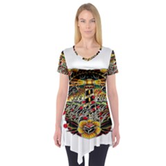 Tattoo Art Print Traditional Artwork Lighthouse Wave Short Sleeve Tunic  by Sapixe