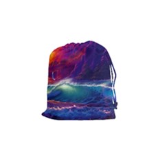 Sunset Orange Sky Dark Cloud Sea Waves Of The Sea, Rocky Mountains Art Drawstring Pouches (small)  by Sapixe