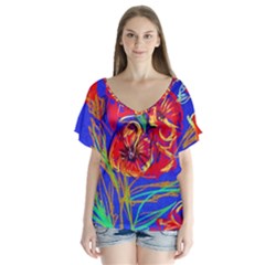Red Poppies V-neck Flutter Sleeve Top by bestdesignintheworld