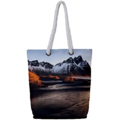Vestrahorn Iceland Winter Sunrise Landscape Sea Coast Sandy Beach Sea Mountain Peaks With Snow Blue Full Print Rope Handle Tote (small) by Sapixe
