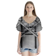 Architecture Stairs Steel Abstract V-neck Flutter Sleeve Top by Sapixe