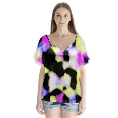Watercolors Shapes On A Black Background                                 V-neck Flutter Sleeve Top by LalyLauraFLM