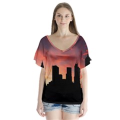 Skyline Panoramic City Architecture V-neck Flutter Sleeve Top by Simbadda