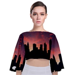 Skyline Panoramic City Architecture Tie Back Butterfly Sleeve Chiffon Top by Simbadda
