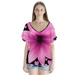 Flower Plant Floral Petal Nature V-neck Flutter Sleeve Top by Sapixe
