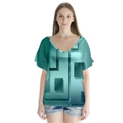 Green Figures Rectangles Squares Mirror V-neck Flutter Sleeve Top by Sapixe