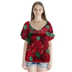 Floral Flower Pattern Art Roses V-neck Flutter Sleeve Top by Sapixe