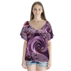 Purple Abstract Art Fractal V-neck Flutter Sleeve Top by Sapixe