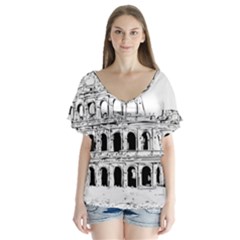 Line Art Architecture V-neck Flutter Sleeve Top by Sapixe