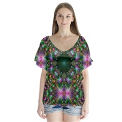 Kaleidoscope Digital Kaleidoscope V-neck Flutter Sleeve Top by Sapixe