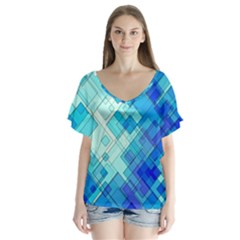 Abstract Squares Arrangement V-neck Flutter Sleeve Top by Nexatart