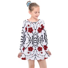 Beautiful Red Flowers Seamless Kids  Long Sleeve Dress by flipstylezfashionsLLC