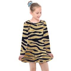 Golden Vector Embossed Golden Black Zebra Stripes Kids  Long Sleeve Dress by flipstylezfashionsLLC
