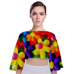 Toy Balloon Flowers Tie Back Butterfly Sleeve Chiffon Top by FunnyCow