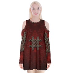 Decorative Celtic Knot On Dark Vintage Background Velvet Long Sleeve Shoulder Cutout Dress by FantasyWorld7