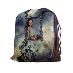 Cute Little Fairy With Kitten On A Swing Drawstring Pouches (xxl) by FantasyWorld7
