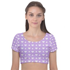 Hearts Dots Purple Velvet Short Sleeve Crop Top  by snowwhitegirl